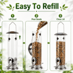 Hanging Easy Refill Seed Bird Feeder, Metal/Plastic Silver Clear Tube 31cm - Image 3